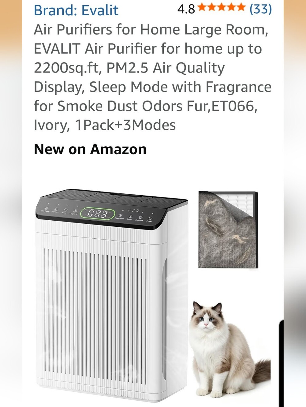 Air Purifier 2200 Sq Ft NEW AMAZON EVALIT MSRP $84.99 Digi Display HEPA filter